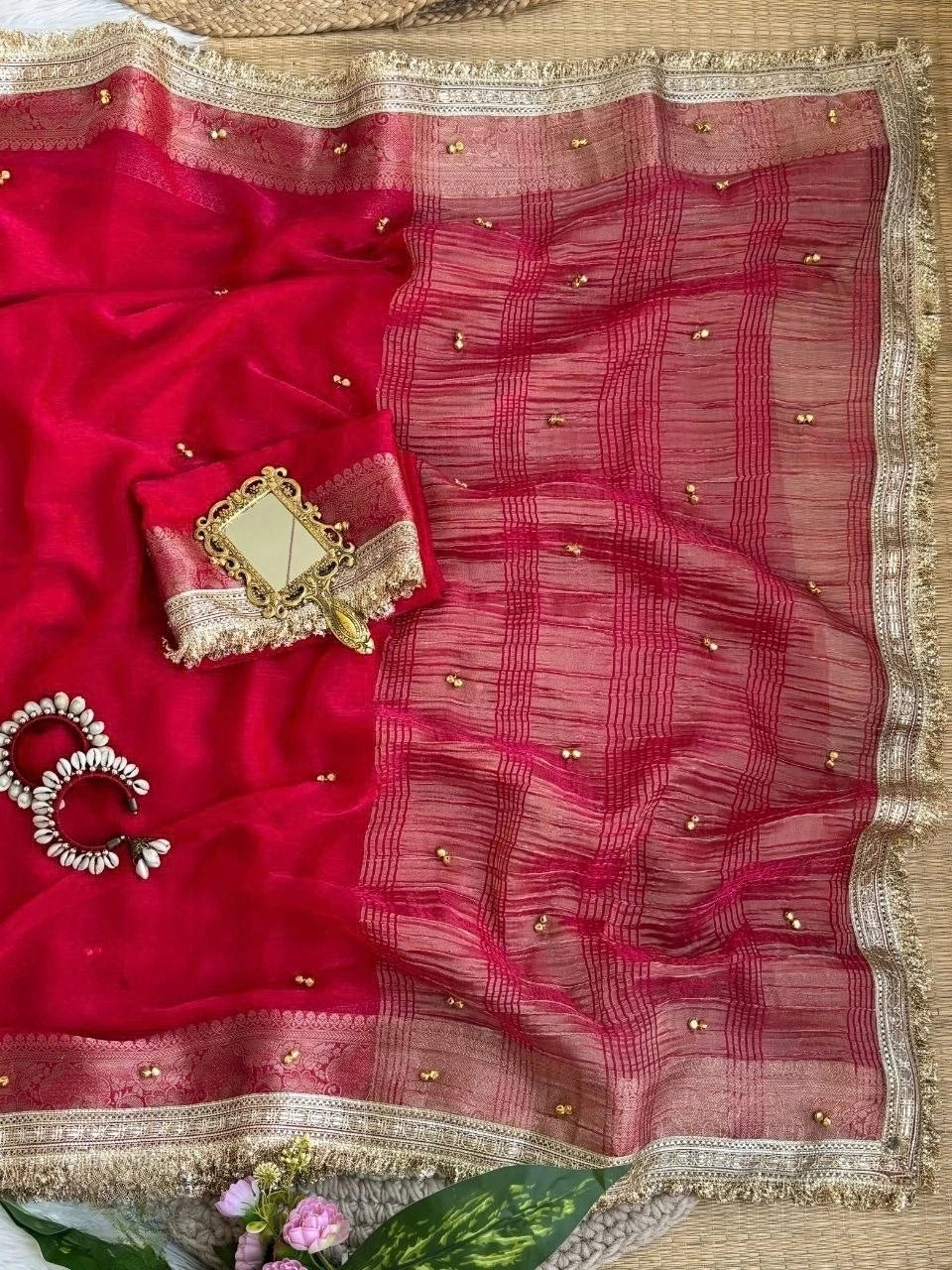Rani hand ghungroo saree with fancy lace border, full spread – Kalyanja KS406